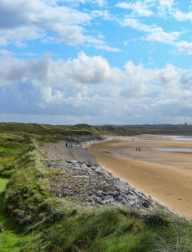 Family walking along a grassy trail by a sandy beach under a blue, cloudy sky.