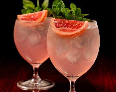 Refreshing gin cocktails garnished with grapefruit and mint.