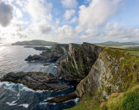 Panoramic view of cliffs and ocean near River Island Hotel, ideal for Ring of Kerry tours.