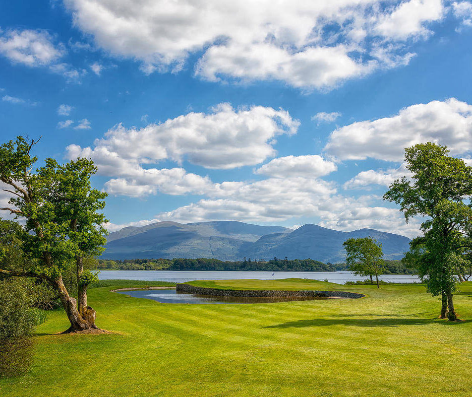 Family enjoying a picnic on lush green grass with mountains and lake in the background.