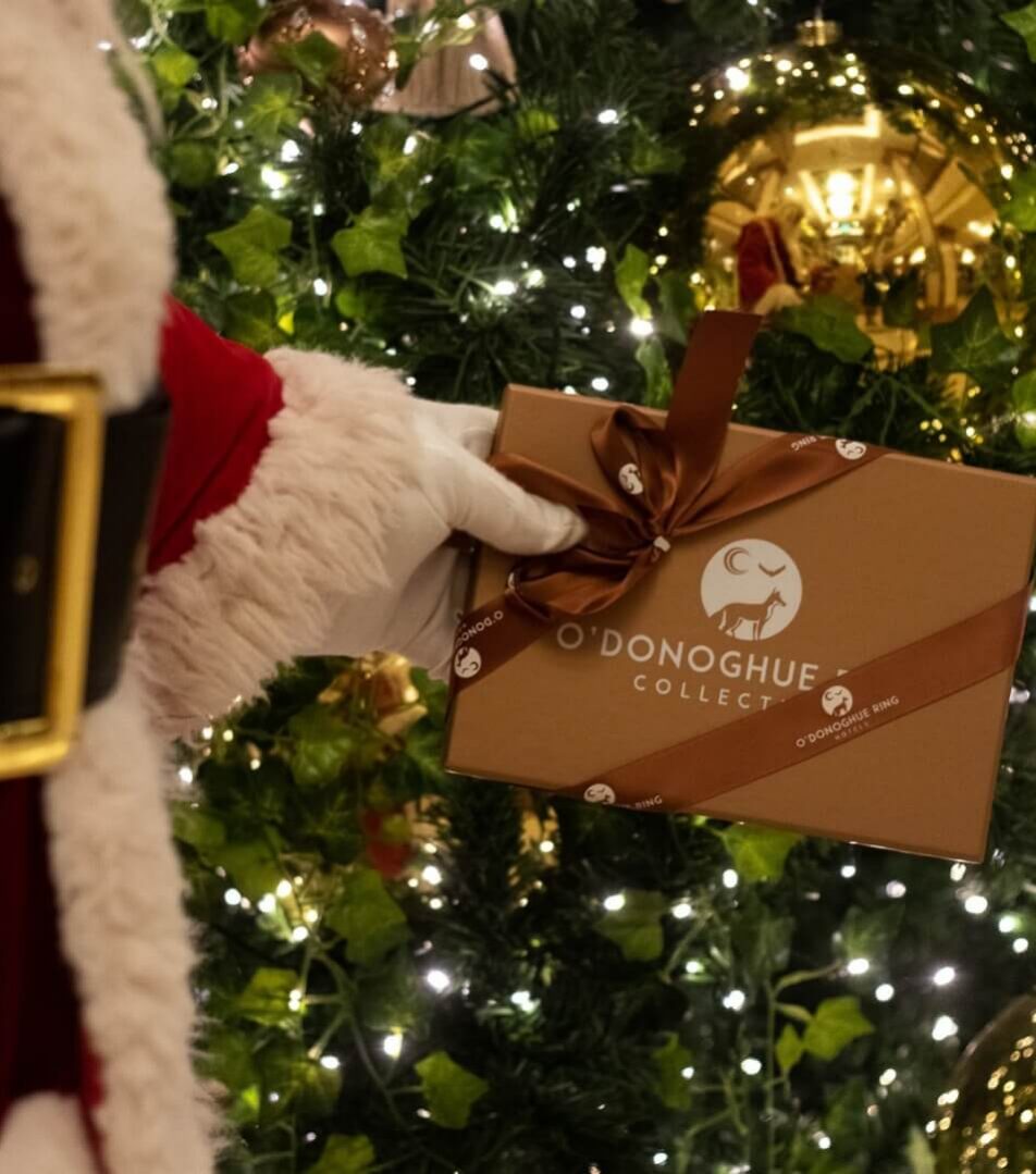 Festive gift offered by Santa near a Christmas tree at River Island Hotel.